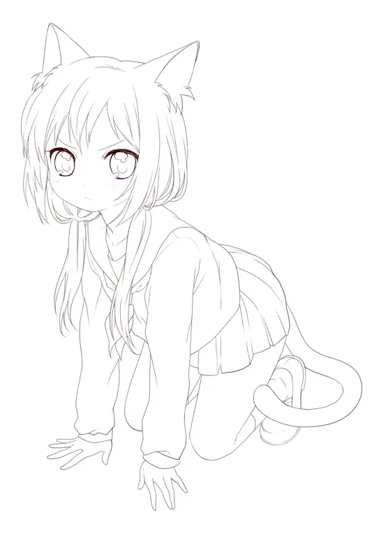 Gambar anime perempuan dengan gaya line art yang minimalis Gambar anime hitam putih perempuan dengan gaya line art