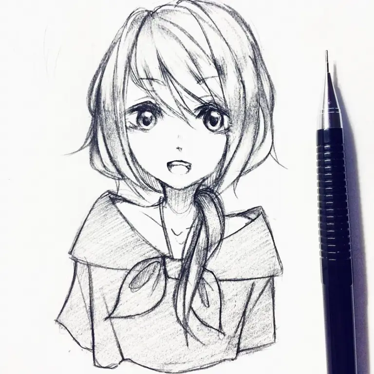 Sketsa gambar anime perempuan dengan gaya yang unik Sketsa gambar anime hitam putih perempuan