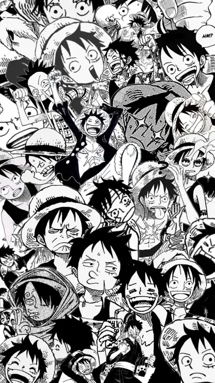 Seni Minimalis One Piece dalam Nuansa Hitam Putih Gambar artwork minimalis One Piece hitam putih dengan desain yang sederhana dan elegan