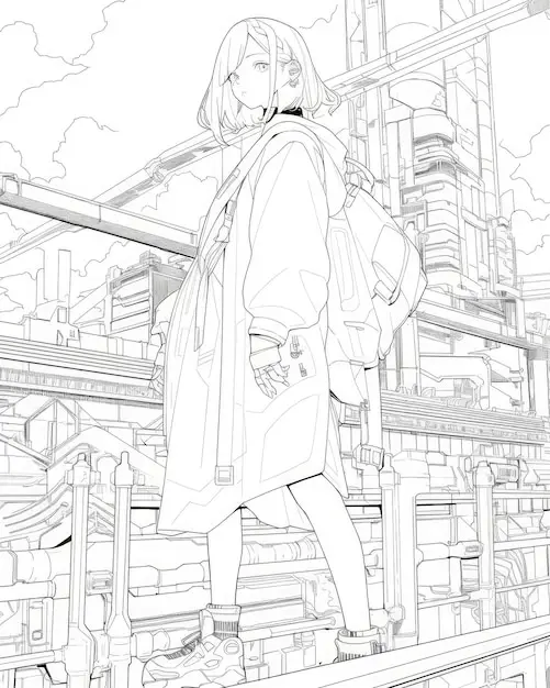 Gambar pemandangan anime kompleks untuk mewarnai
