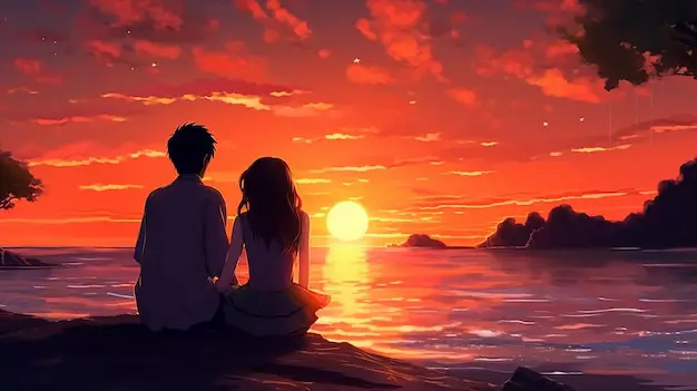 Pasangan anime romantis di pemandangan matahari terbenam