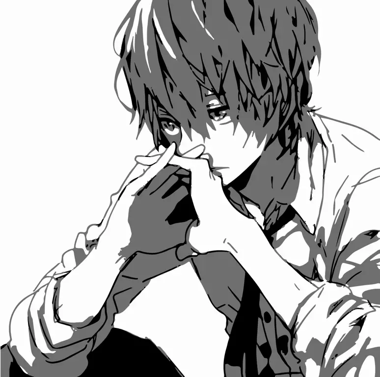 Ilustrasi anime laki-laki yang sedang menangis dengan latar belakang hitam putih Gambar anime laki-laki menangis hitam putih