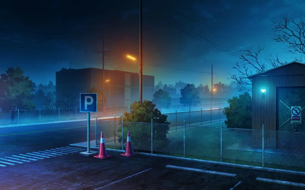 Gambar pemandangan anime malam hari dengan warna biru