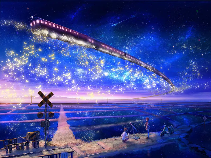 Pemandangan Anime Menawan dengan Dominasi Biru Gambar pemandangan anime dengan warna biru