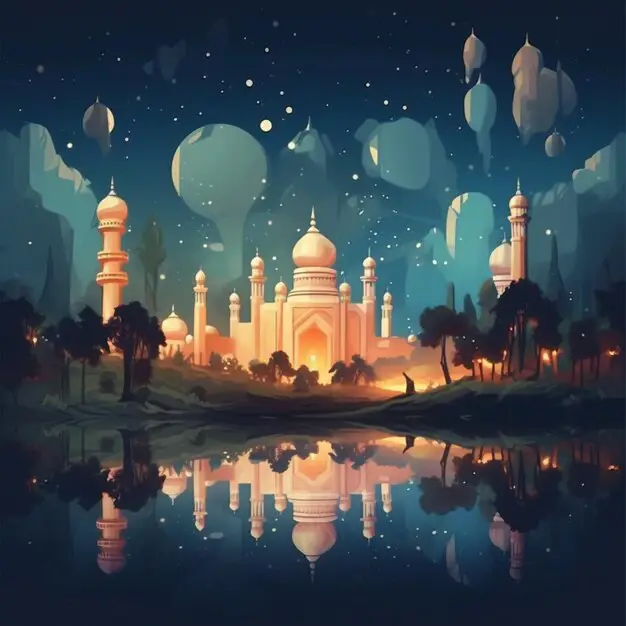 Keindahan Alam dalam Perspektif Islami Gambar pemandangan alam yang indah dengan sentuhan gaya anime dan elemen islami.