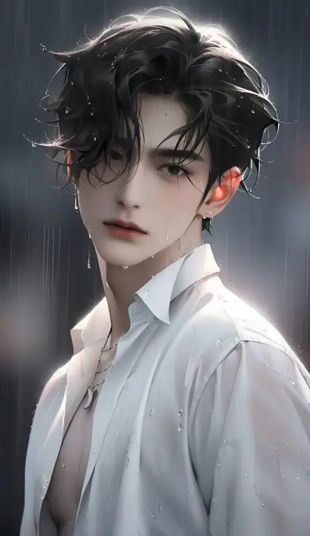 Gambar anime cowok sedih dengan gaya realistis, detail wajah dan ekspresi yang kuat.