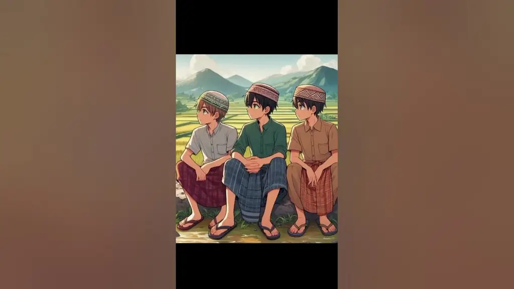 Persahabatan Santri: Ukhuwah Islamiyah dalam Kegembiraan Gambar anime sekelompok santri yang sedang bercanda dan bermain bersama